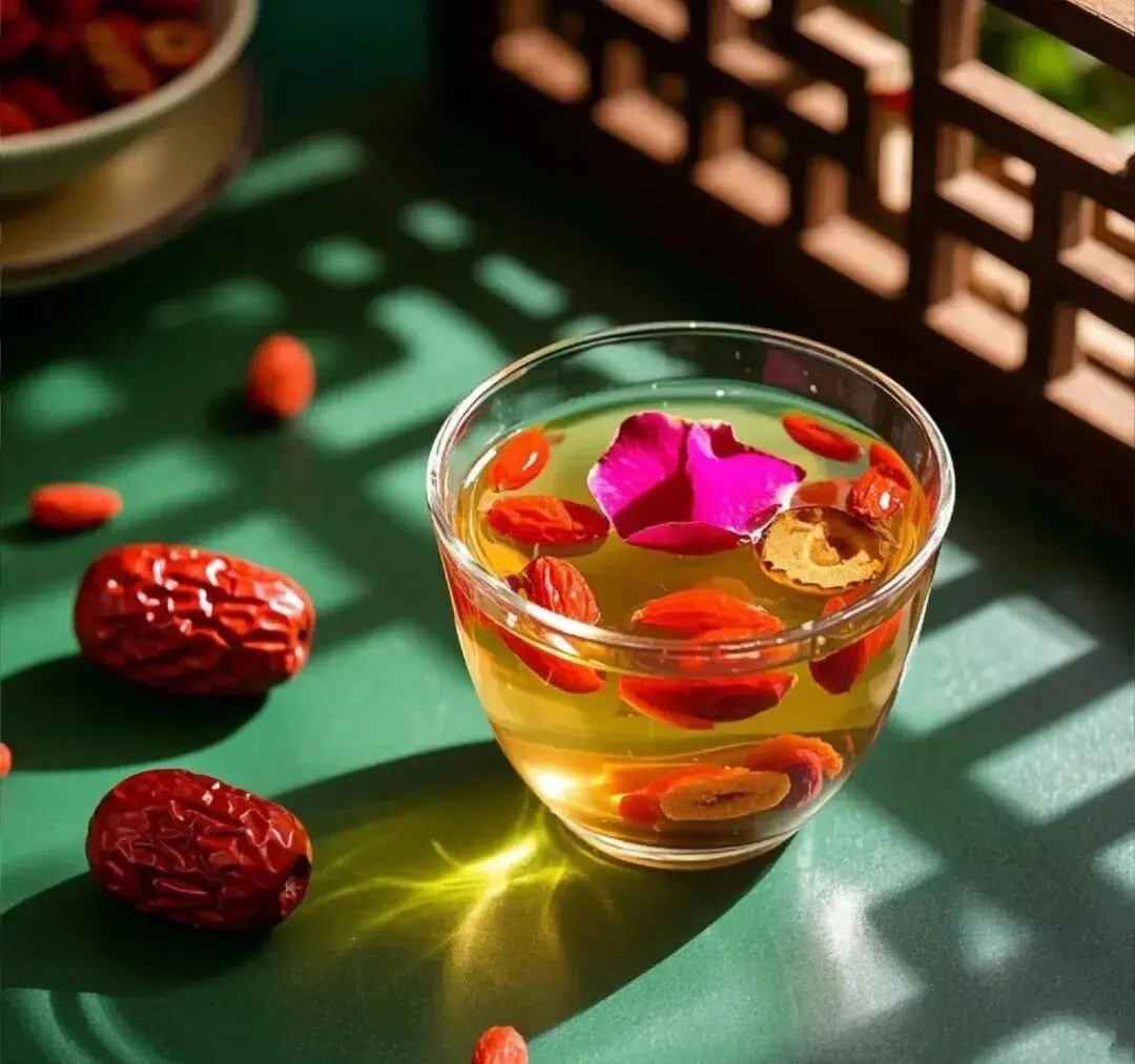 Rose flower, dates, and goji berry tea