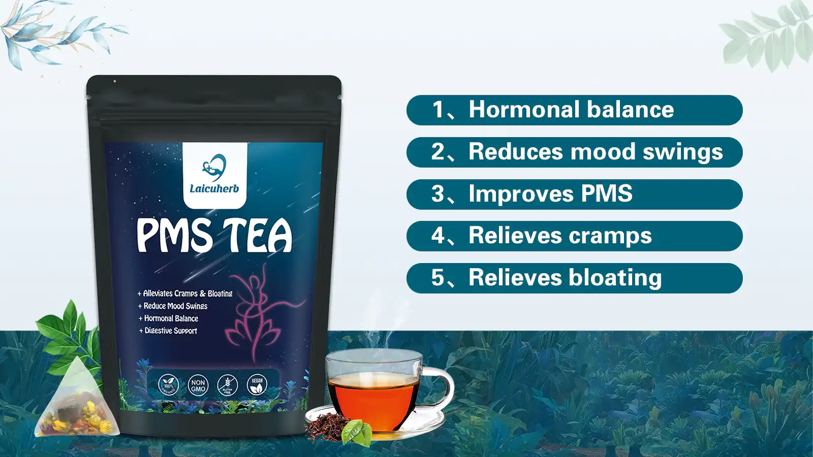 PMS relief tea has the effects of regulating hormones, reducing mood swings, improving premenstrual syndrome, relieving cramps and eliminating bloating. PMS relief tea has the effects of regulating hormones, reducing mood swings, improving premenstrual syndrome, relieving cramps and eliminating bloating.