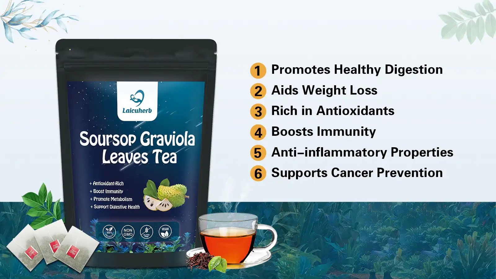 Soursop Tea is rich in antioxidant properties and has been proven to have benefits such as promoting digestion and anti-inflammatory effects. It is also potentially capable of having anti-cancer effects. Soursop Tea is rich in antioxidant properties and has been proven to have benefits such as promoting digestion and anti-inflammatory effects. It is also potentially capable of having anti-cancer effects.