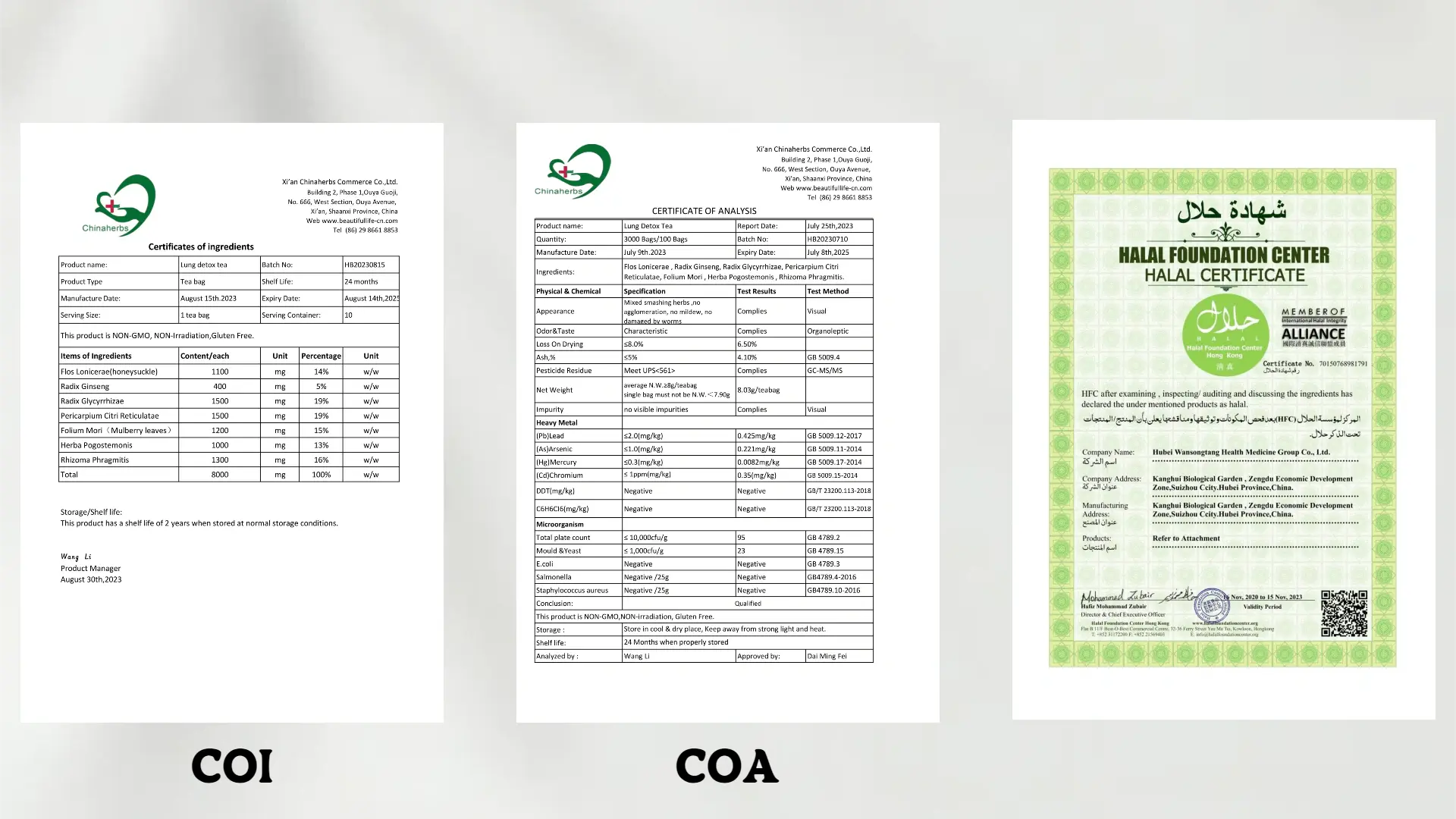 The product certificate of Laicuherb's lung detox tea