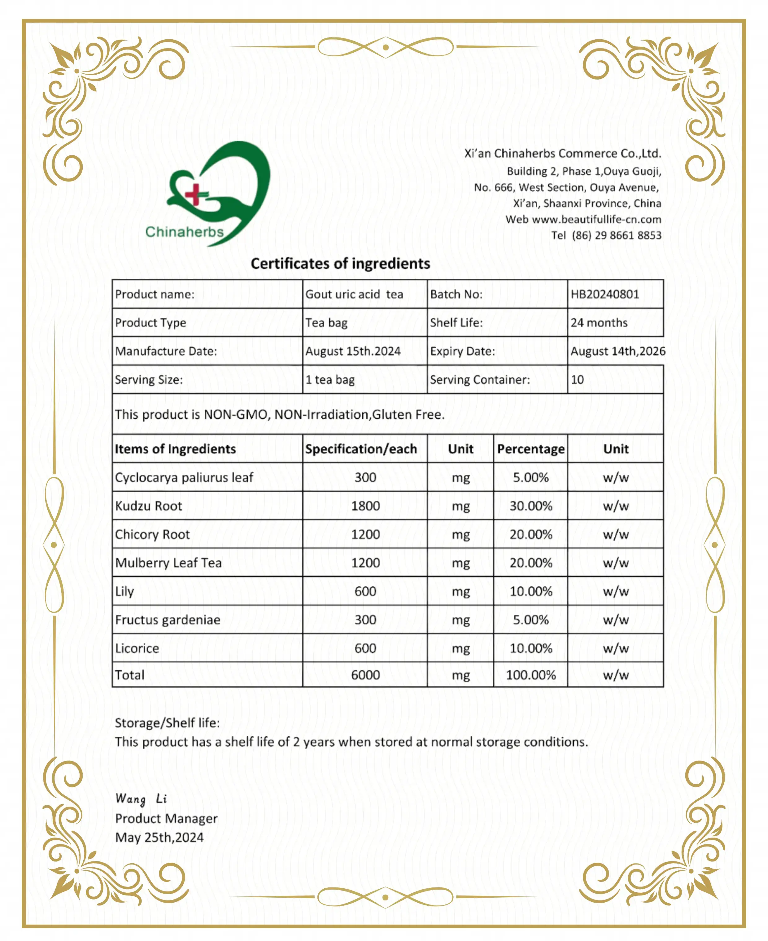 Laicuherb's Gout Tea COI Certificate