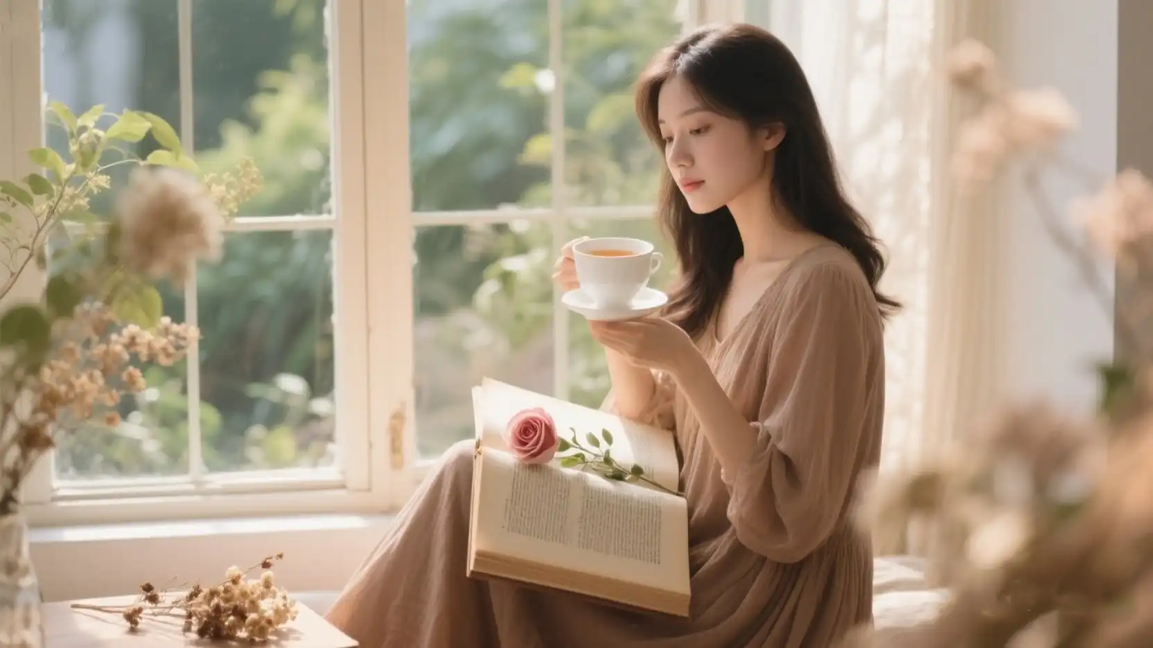 Woman Enjoying Rose Herbal Tea for Uterine Wellness Woman Enjoying Rose Herbal Tea for Uterine Wellness