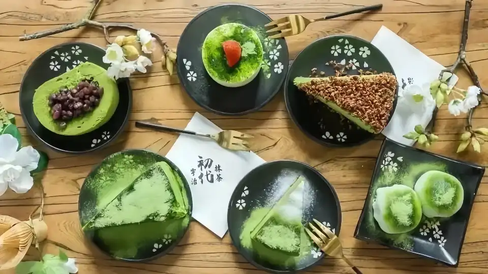 Various foods made with matcha powder