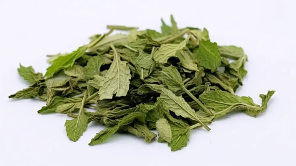 A close-up image of dried spearmint leaves