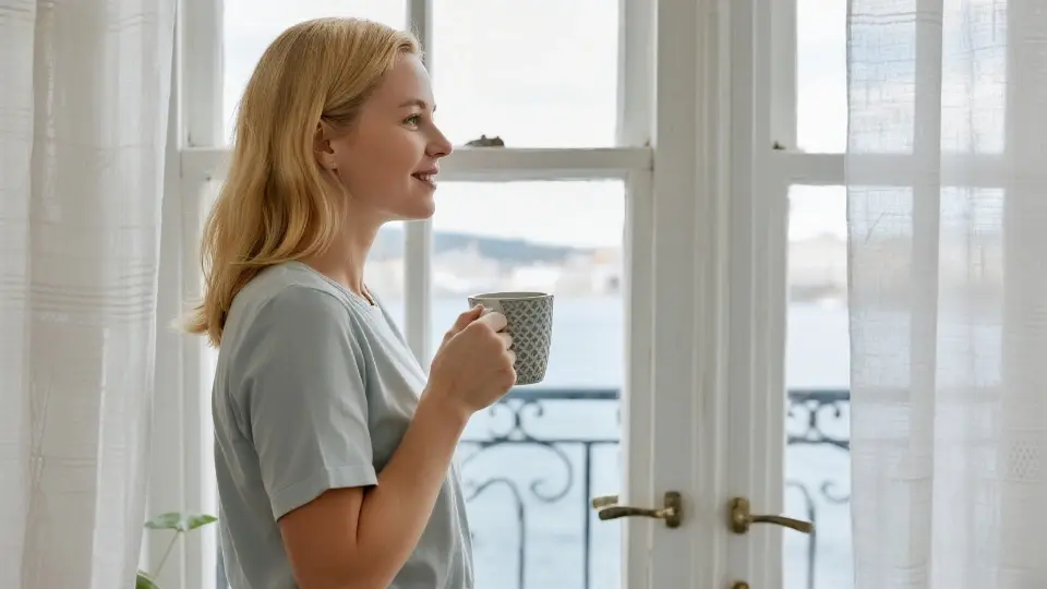 A blonde beauty is enjoying her womb tea
