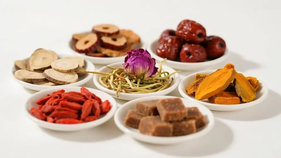 Close up of herbal tea leaves and ingredients Close up of herbal tea leaves and ingredients