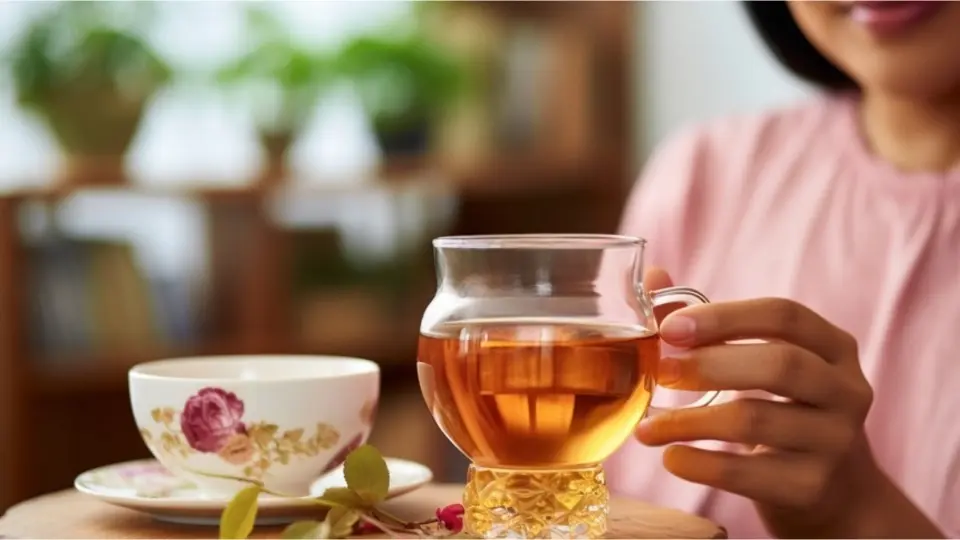 A warm cup of herbal tea with a woman relaxing at home A warm cup of herbal tea with a woman relaxing at home
