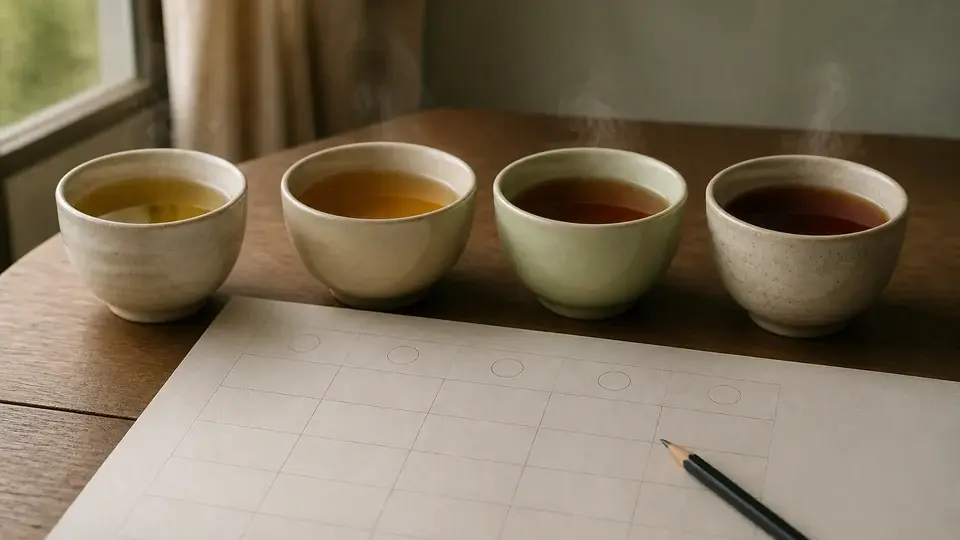 Four cups of tea beside an unmarked tracking sheet