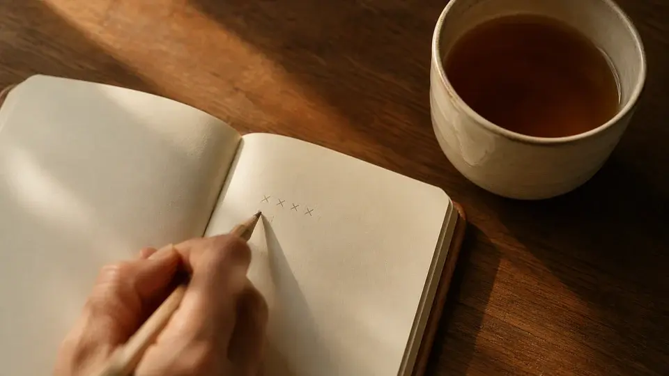 A hand recording observations in a blank notebook beside tea A hand recording observations in a blank notebook beside tea