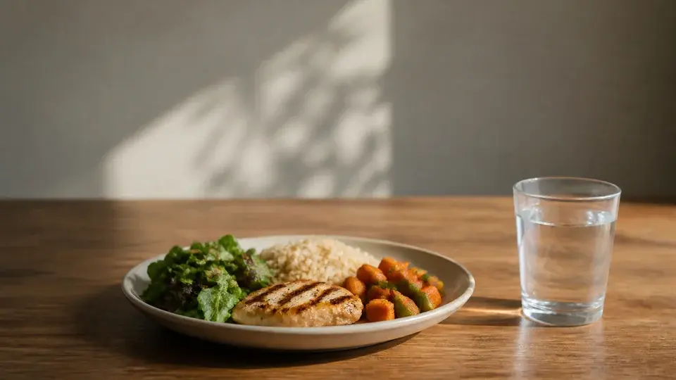 Balanced lunch and a glass of water Balanced lunch and a glass of water