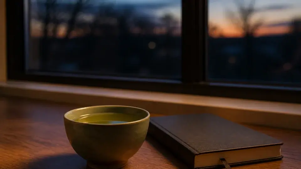 A tea cup beside a journal as daylight fades