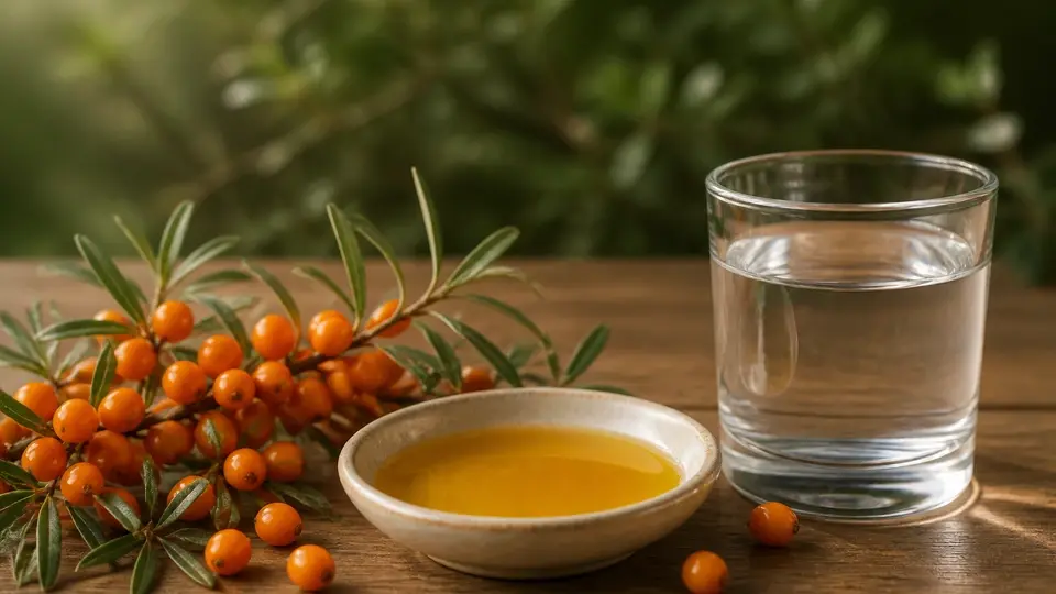 Sea buckthorn berries and golden plant oil beside water Sea buckthorn berries and golden plant oil beside water