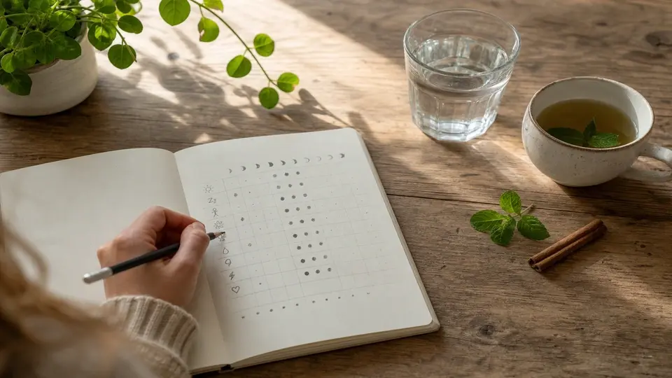 Cycle tracking journal with tea and water