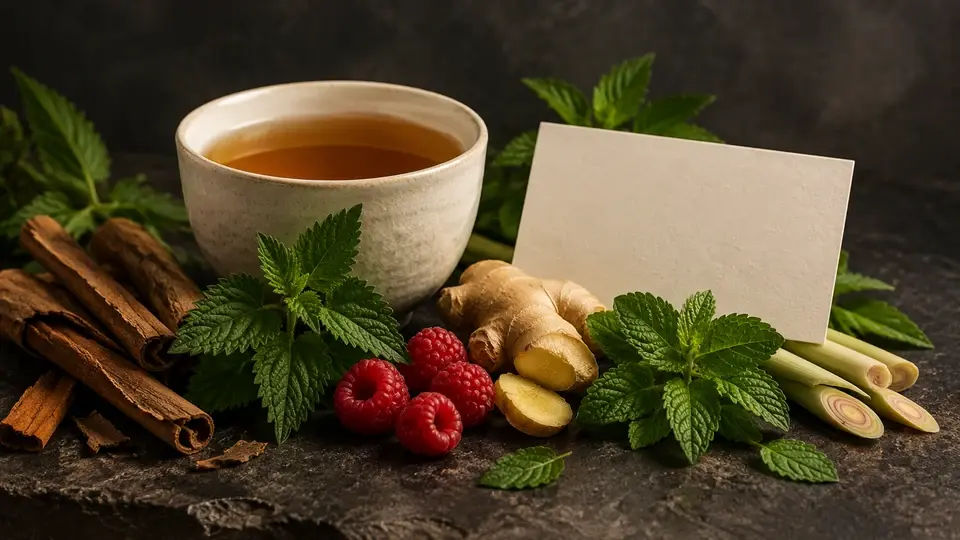 Herbal tea label reading scene with tea ingredients Herbal tea label reading scene with tea ingredients