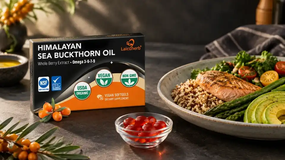 Authentic Laicuherb Himalayan Sea Buckthorn Oil beside a meal and oral softgels