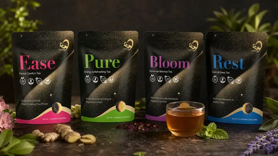 Authentic Laicuherb Ease Pure Bloom and Rest tea products arranged as a phase sequence