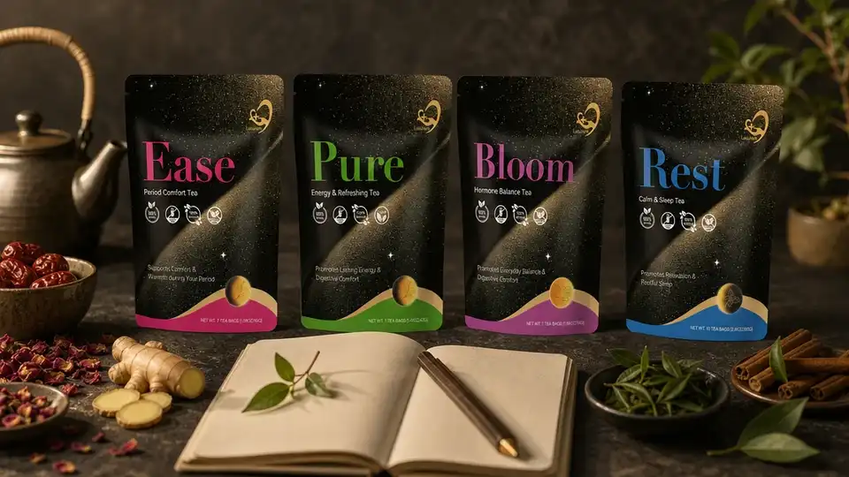 Laicuherb Ease Pure Bloom and Rest tea pouches arranged in observed cycle phase order