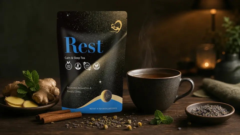Laicuherb Rest Calm and Sleep Tea with a warm evening herbal tea cup Laicuherb Rest Calm and Sleep Tea with a warm evening herbal tea cup
