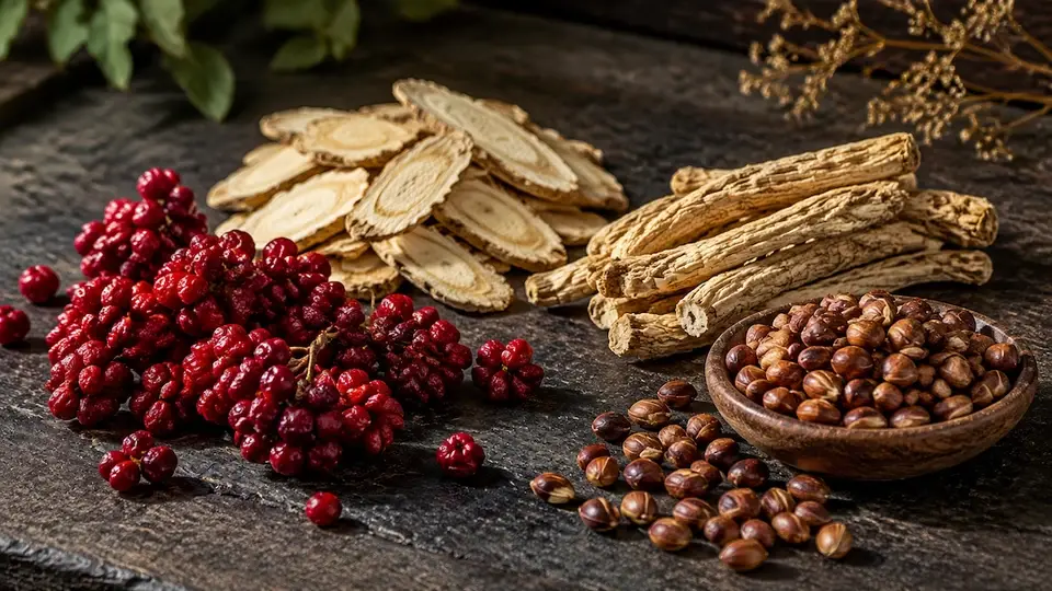 Realistic macro photo of schisandra berries, astragalus root, codonopsis root, and jujube seed arranged on a dark botanical worktable. Realistic macro photo of schisandra berries, astragalus root, codonopsis root, and jujube seed arranged on a dark botanical worktable.