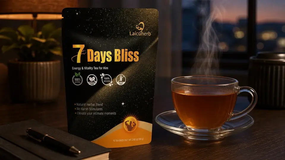 Laicuherb 7 Days Bliss Tea beside a steaming herbal tea cup, journal, and soft evening light. Laicuherb 7 Days Bliss Tea beside a steaming herbal tea cup, journal, and soft evening light.