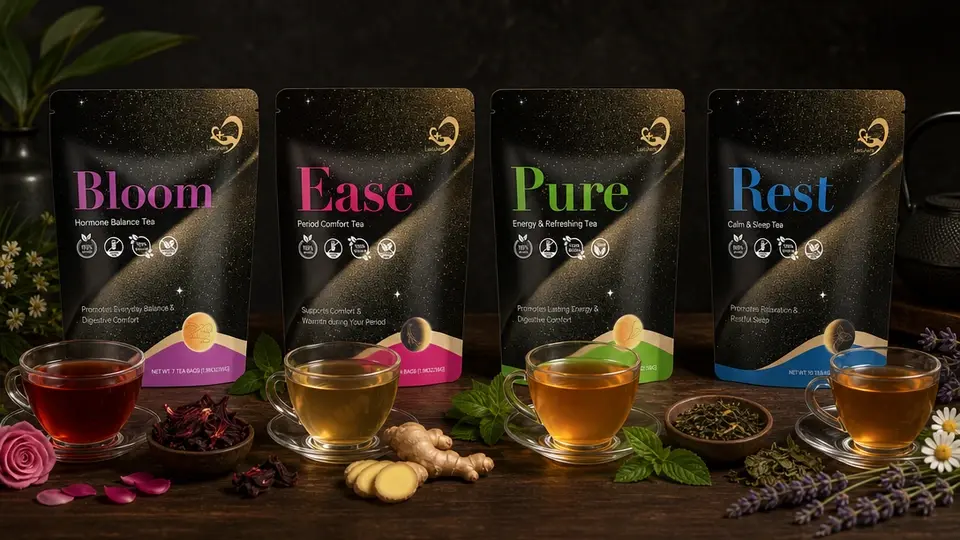 Realistic macro photo of botanical ingredients used in cycle tea blends