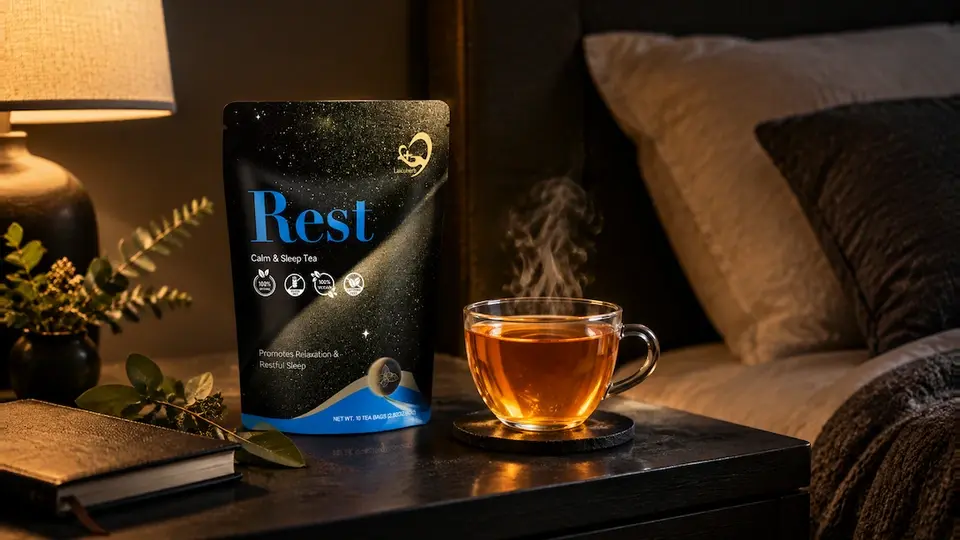Realistic evening herbal tea ritual with a warm cup and journal