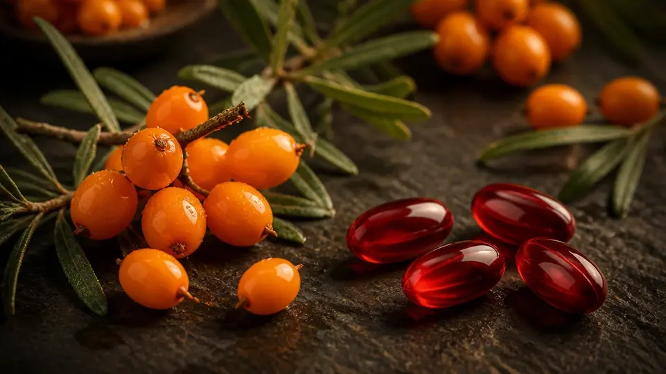 Sea buckthorn berries, red softgels and botanical leaves