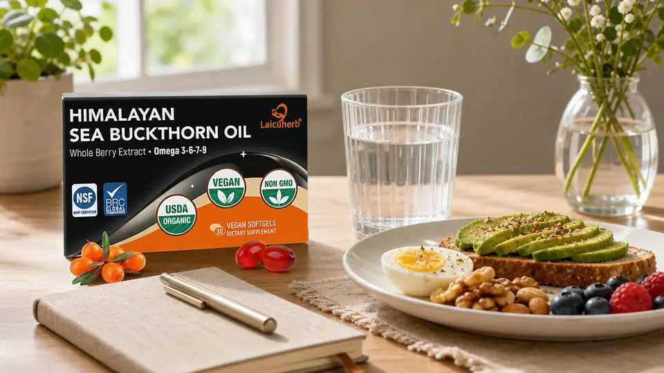 Laicuherb Himalayan Sea Buckthorn Oil beside water and a balanced breakfast Laicuherb Himalayan Sea Buckthorn Oil beside water and a balanced breakfast