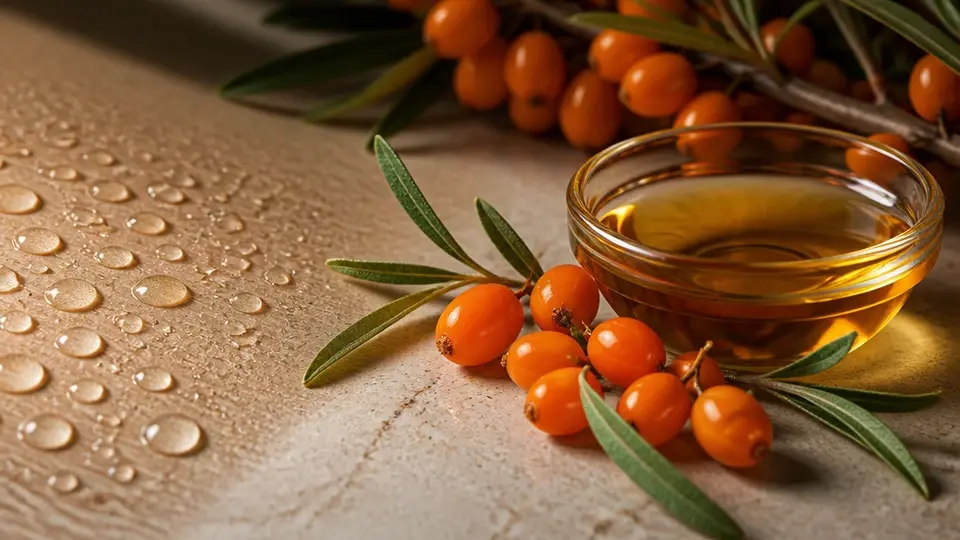 Sea buckthorn berries and golden oil beside water droplets for a skin barrier editorial concept