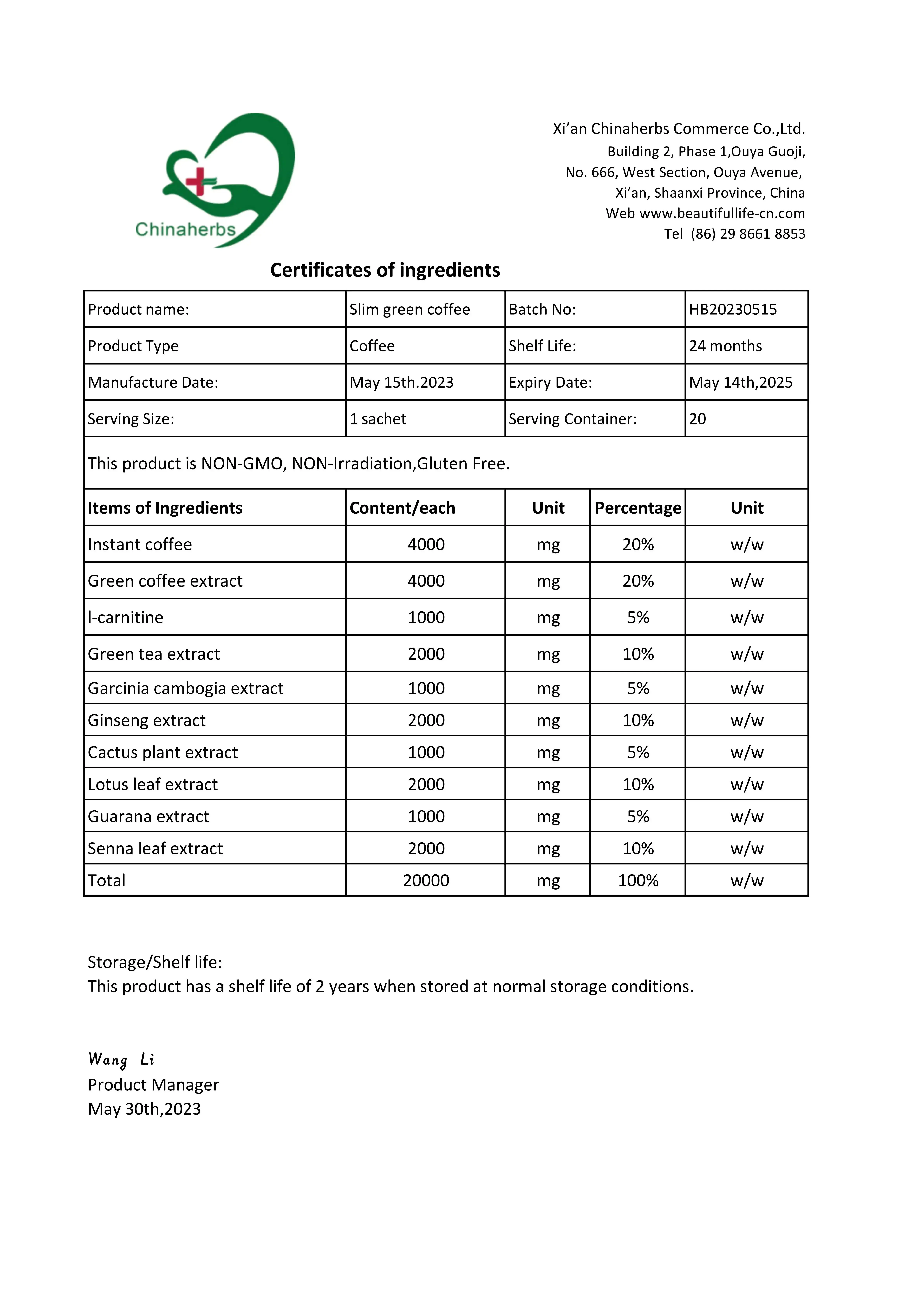 COI certificate of Slim Green Coffee Powder