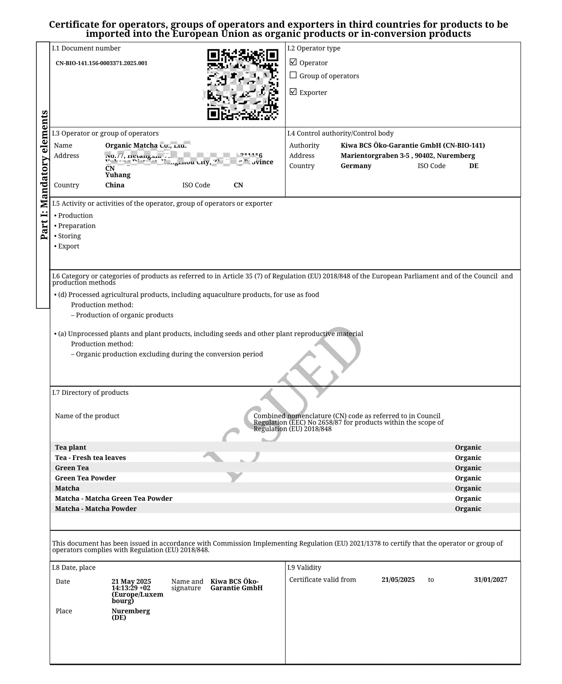 Laicuherb Matcha's organic certification