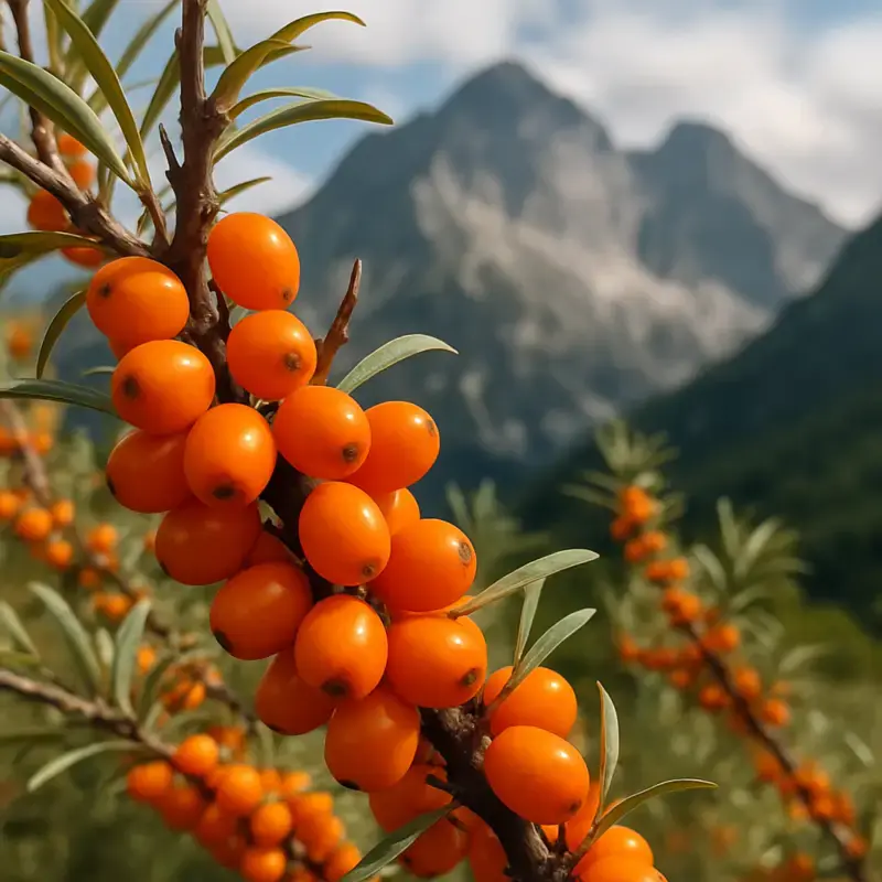 A close-up photograph of bright orange sea buckthorn berries on a thorny branch against a mountain backdrop A close-up photograph of bright orange sea buckthorn berries on a thorny branch against a mountain backdrop