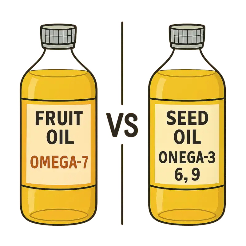 A simple comparison graphic showing two bottles one labeled 'Fruit Oil' (highlighting Omega-7) and one labeled 'Seed Oil' (highlighting Omega-3, 6, 9) A simple comparison graphic showing two bottles one labeled 'Fruit Oil' (highlighting Omega-7) and one labeled 'Seed Oil' (highlighting Omega-3, 6, 9)