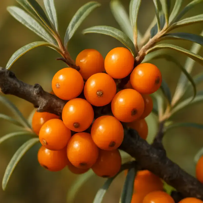 Close-up of bright orange sea buckthorn berries on a branch Close-up of bright orange sea buckthorn berries on a branch