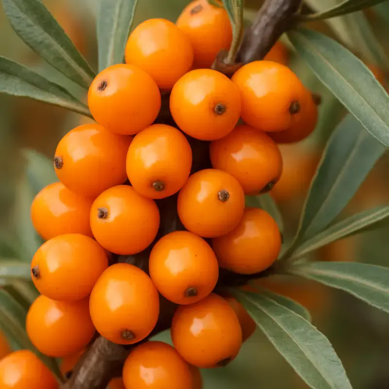 Close-up of bright orange sea buckthorn berries on a branch to emphasize the natural, potent source of the oil. Close-up of bright orange sea buckthorn berries on a branch to emphasize the natural, potent source of the oil.