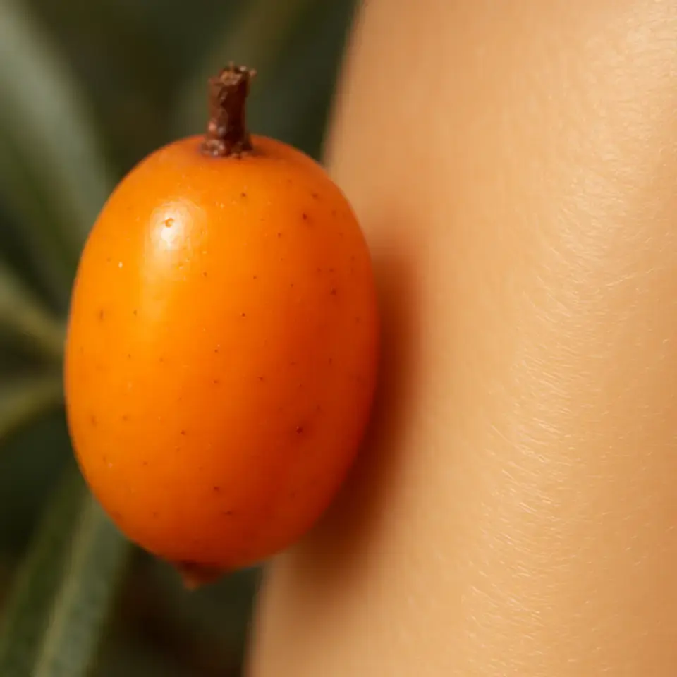 A close-up photo of a vibrant, ripe sea buckthorn berry next to a smooth, glowing section of skin A close-up photo of a vibrant, ripe sea buckthorn berry next to a smooth, glowing section of skin