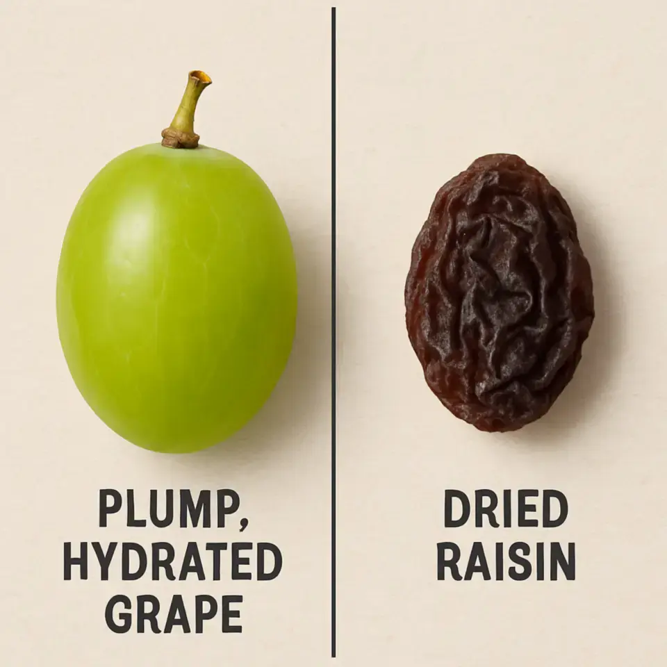 A visual comparison of a plump, hydrated grape and a dried raisin to illustrate cellular hydration