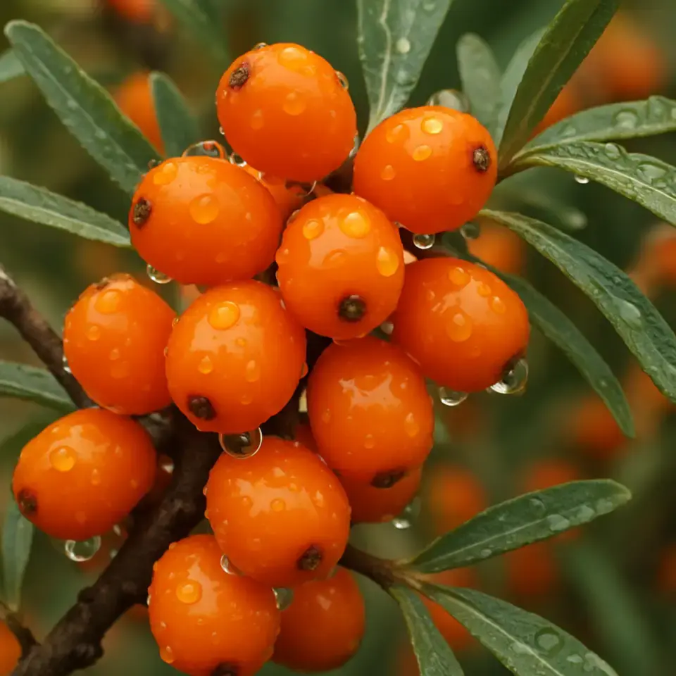 A close-up of vibrant orange sea buckthorn berries on a branch with water droplets