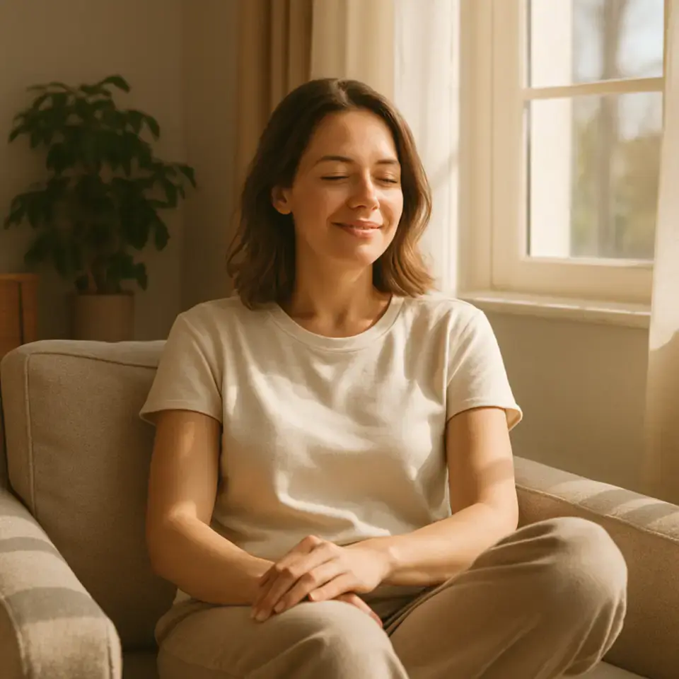 A woman comfortably sitting in a sunlit room looking relaxed and healthy