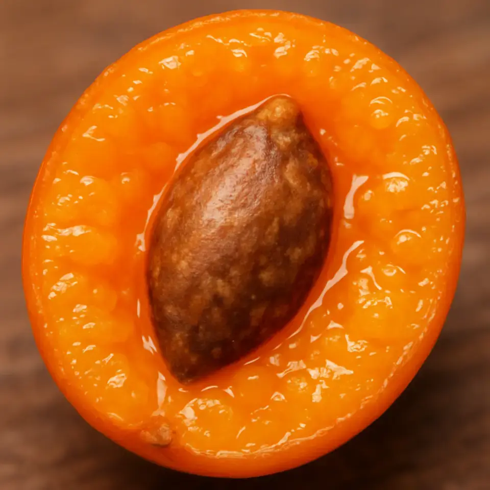 A close-up of a sliced sea buckthorn berry showing the orange fleshy part and the hard seed