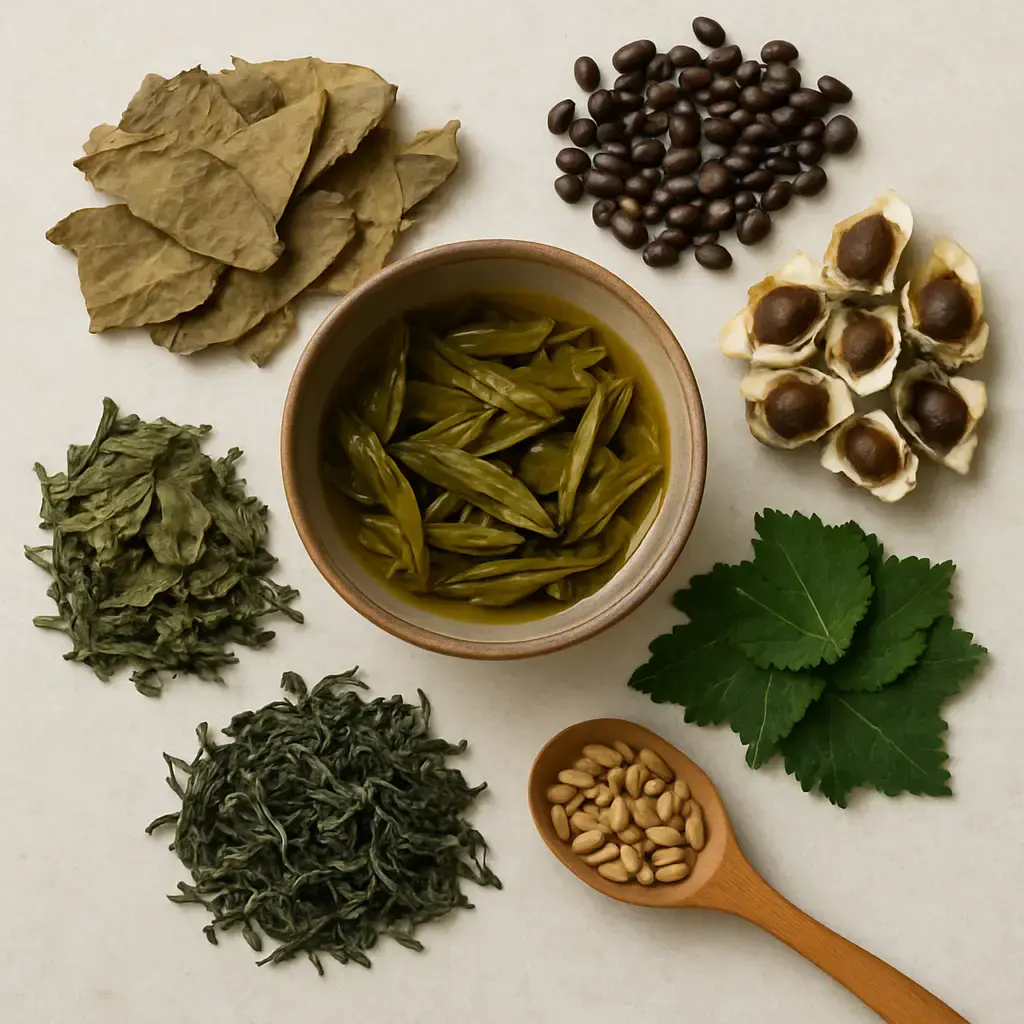Skinny tea blends often include ingredients like lotus leaf, cassia seed, moringa seed, mulberry leaf, and green tea