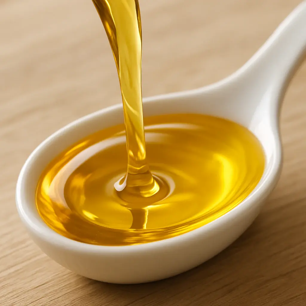 A high-quality, close-up photo of clear golden cod liver oil pouring smoothly into a modern ceramic spoon, looking clean and appetizing