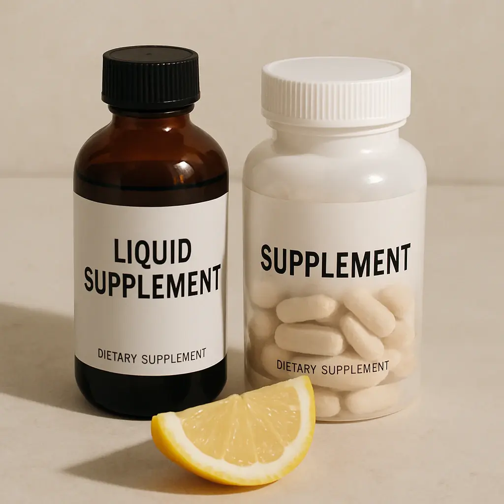 A photo of two supplement bottles—one liquid and one capsule—next to a fresh piece of lemon A photo of two supplement bottles—one liquid and one capsule—next to a fresh piece of lemon