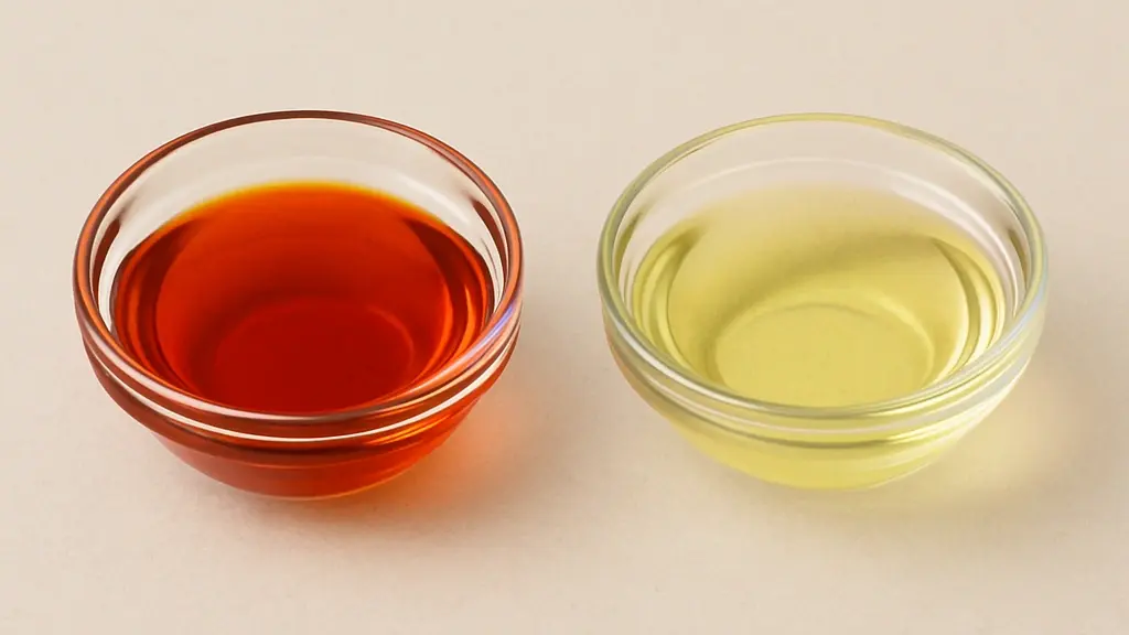 The left bowl contains a vibrant, deep reddish-orange oil. The right bowl contains a much lighter, pale yellow oil
