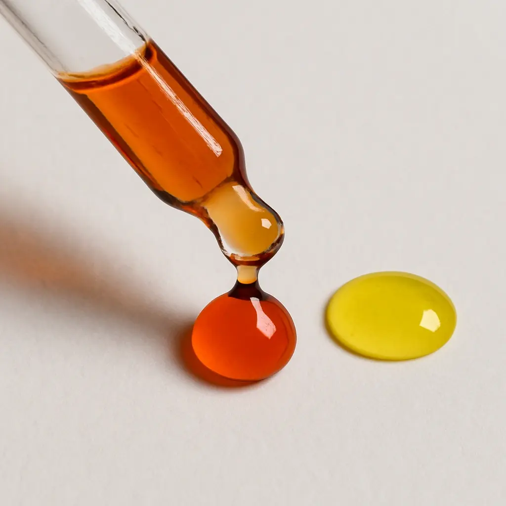 A close-up photo of a glass dropper with a deep orange oil droplet next to a lighter yellow oil droplet on a white background A close-up photo of a glass dropper with a deep orange oil droplet next to a lighter yellow oil droplet on a white background