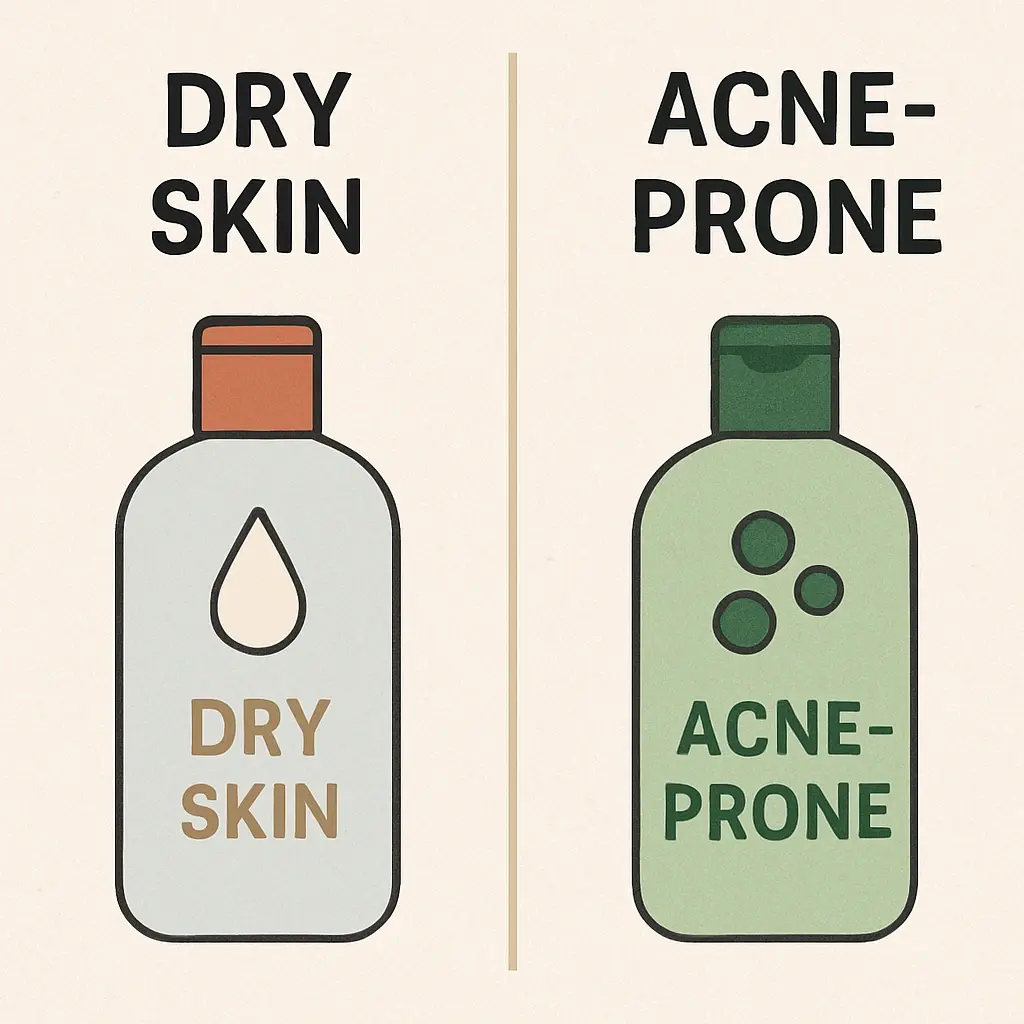 A simple infographic-style photo showing a 'Dry Skin' bottle and an 'Acne-Prone' bottle side-by-side with labels A simple infographic-style photo showing a 'Dry Skin' bottle and an 'Acne-Prone' bottle side-by-side with labels