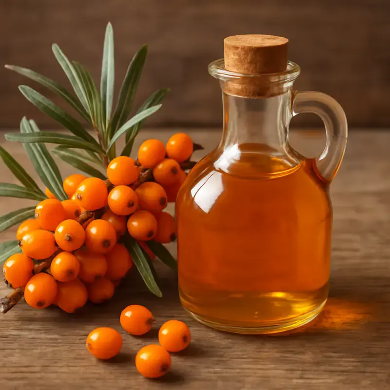 Sea buckthorn berries and oil bottle
