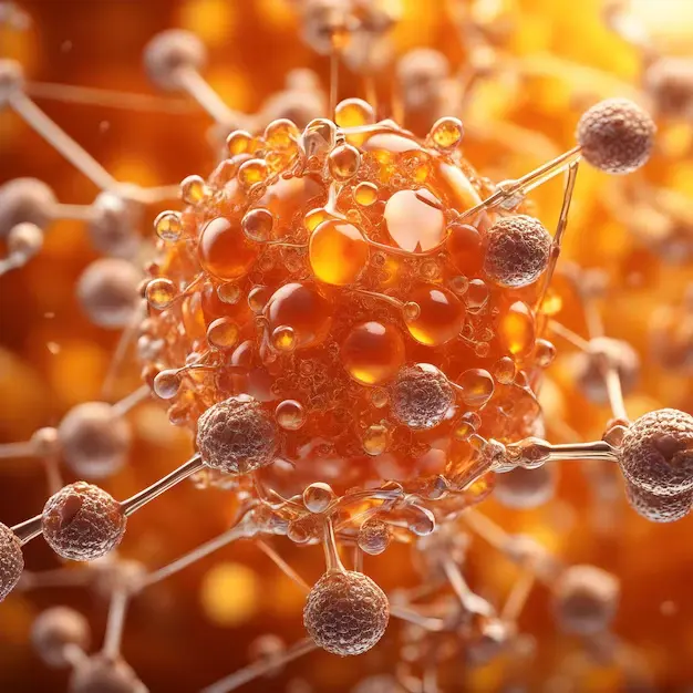 Molecular representation of Vitamin C and Antioxidants creating a protective shield around a cell