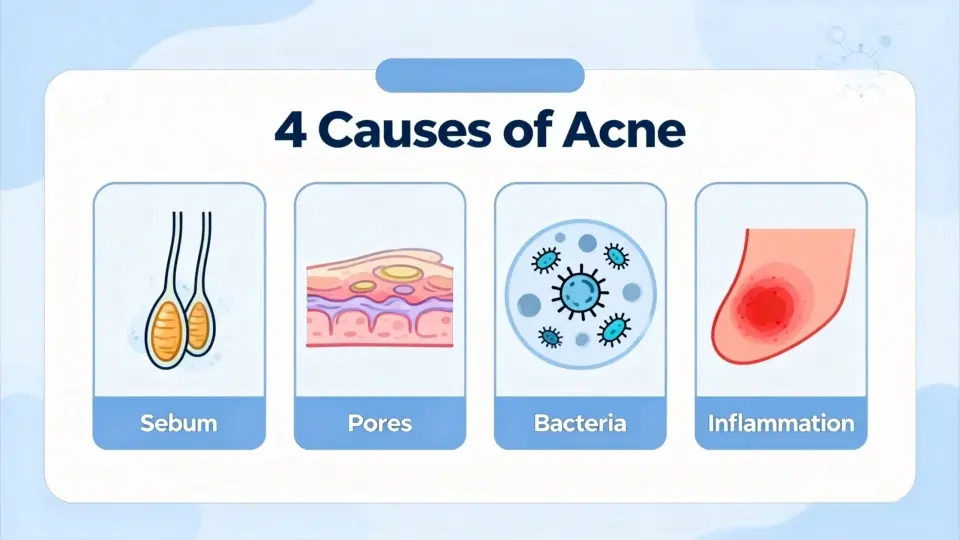 The 4 Causes of Acne - Sebum, Pores, Bacteria, Inflammation The 4 Causes of Acne - Sebum, Pores, Bacteria, Inflammation