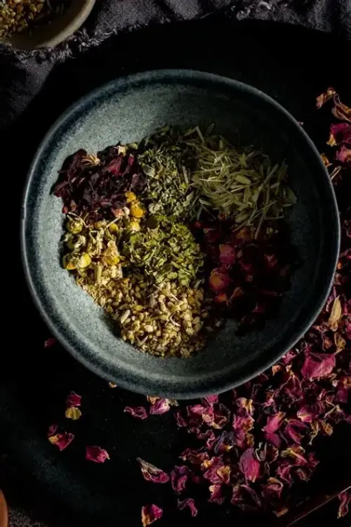 High-quality close-up of a finished cup of herbal sleep tea